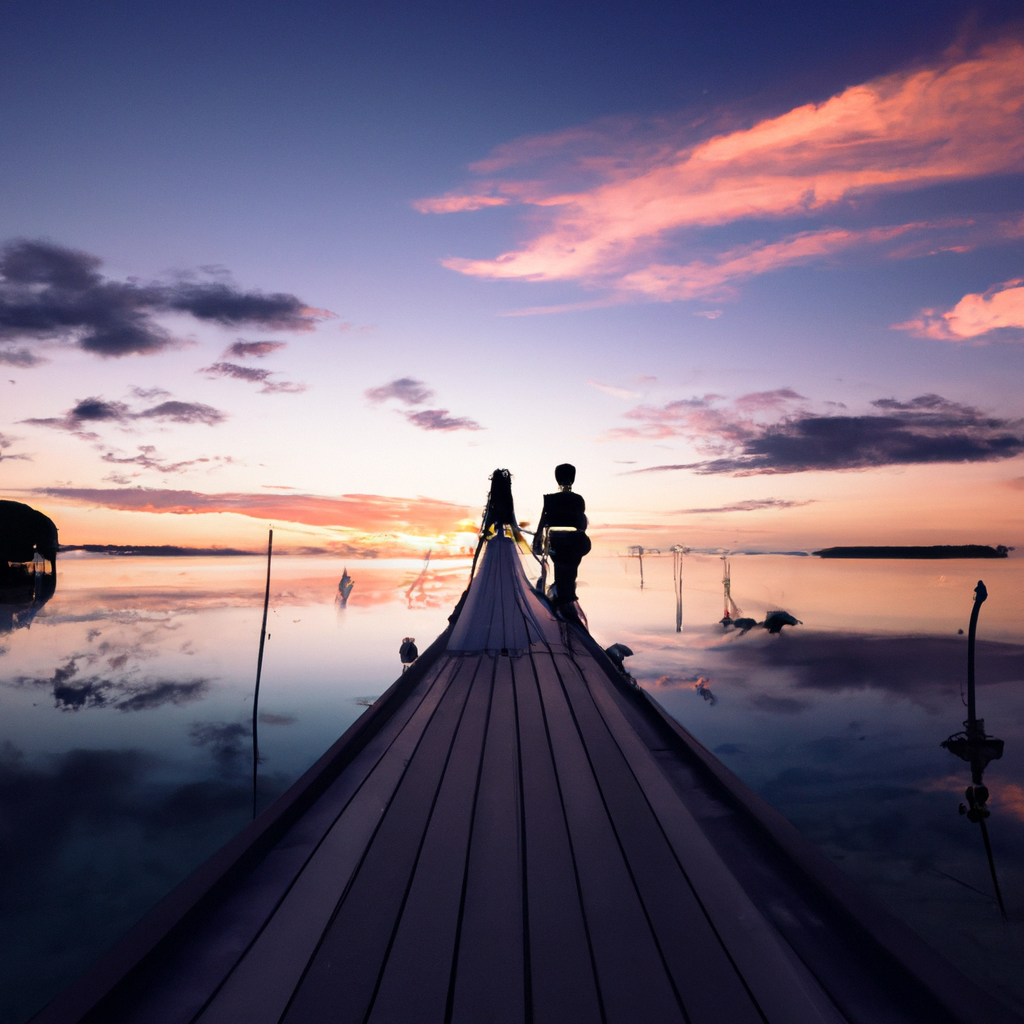 Couple de mariés au bord du lagon à l’heure dorée